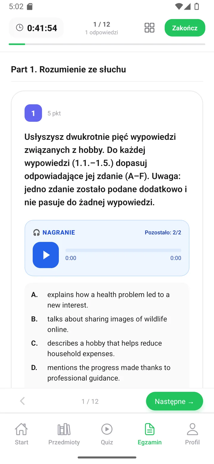 Arkusz maturalny z angielskiego w aplikacji — część 1., rozumienie ze słuchu z nagraniem