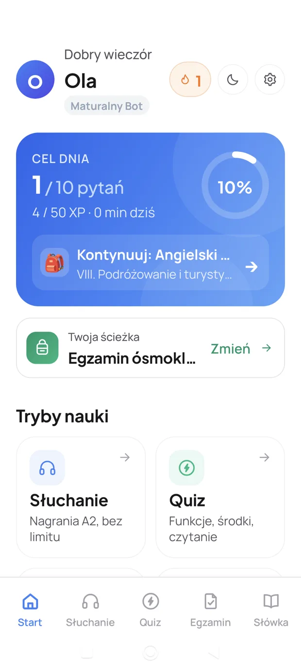 Aplikacja Zdaj Angielski na Androida — pulpit z celem dnia i trybami nauki