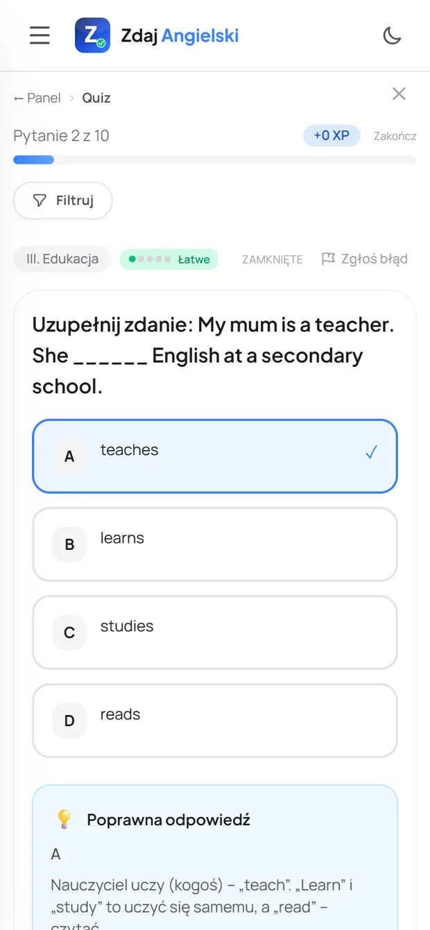 Poprawna odpowiedź z wyjaśnieniem — Edukacja