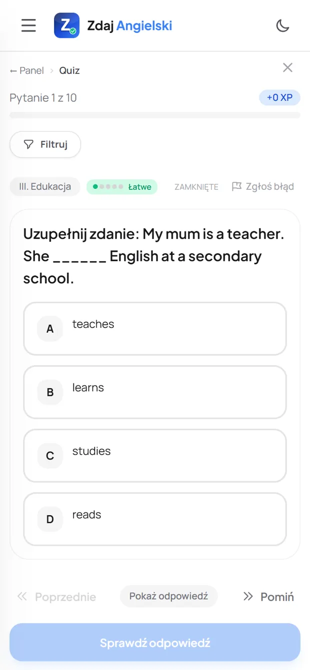 Zadanie z działu Edukacja w Zdaj Angielski