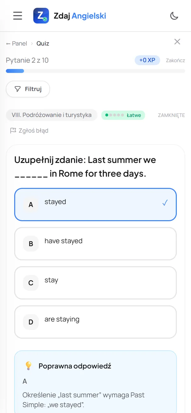 Poprawna odpowiedź z wyjaśnieniem — Podróżowanie i turystyka
