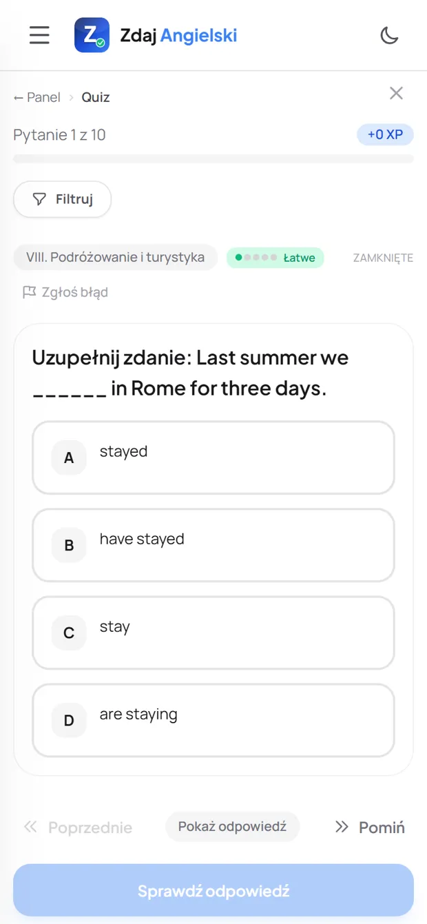 Zadanie z działu Podróżowanie i turystyka w Zdaj Angielski