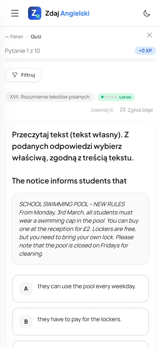 Zadanie z działu Czytanie w Zdaj Angielski