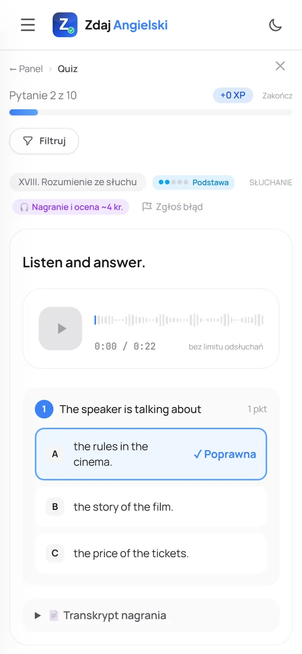 Poprawna odpowiedź z wyjaśnieniem — Słuchanie