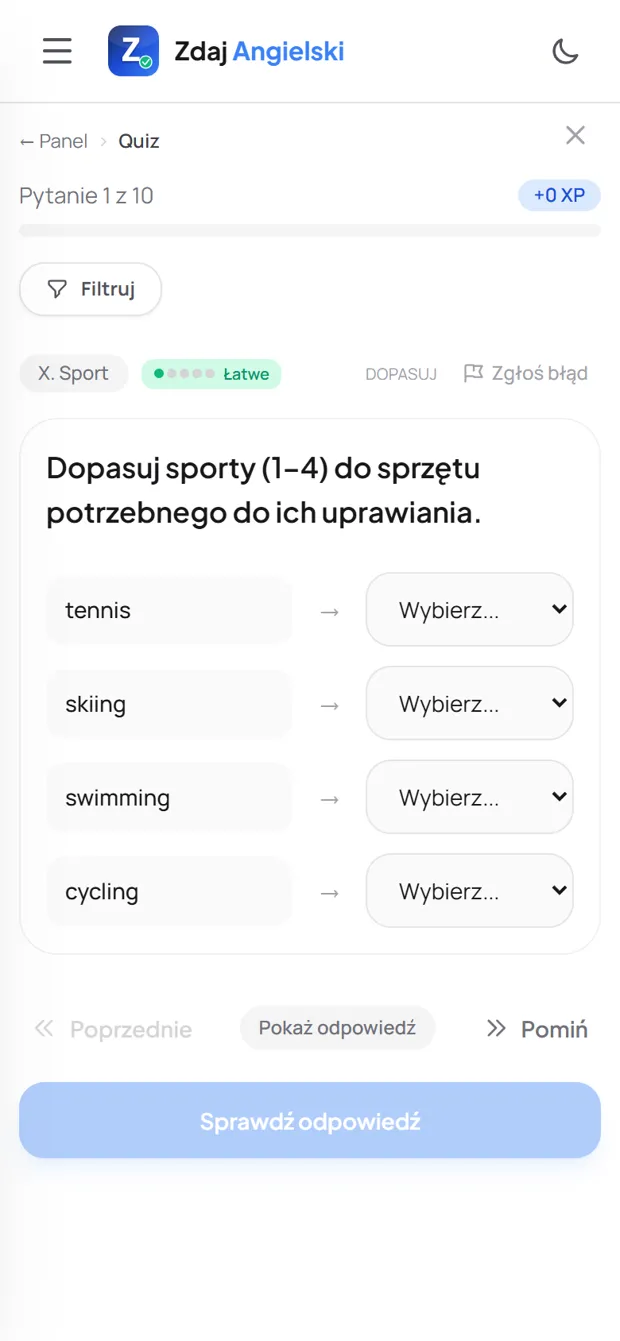 Zadanie z działu Sport w Zdaj Angielski