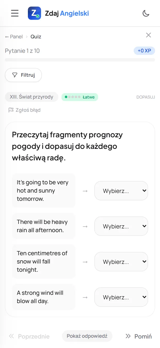 Zadanie z działu Świat przyrody w Zdaj Angielski