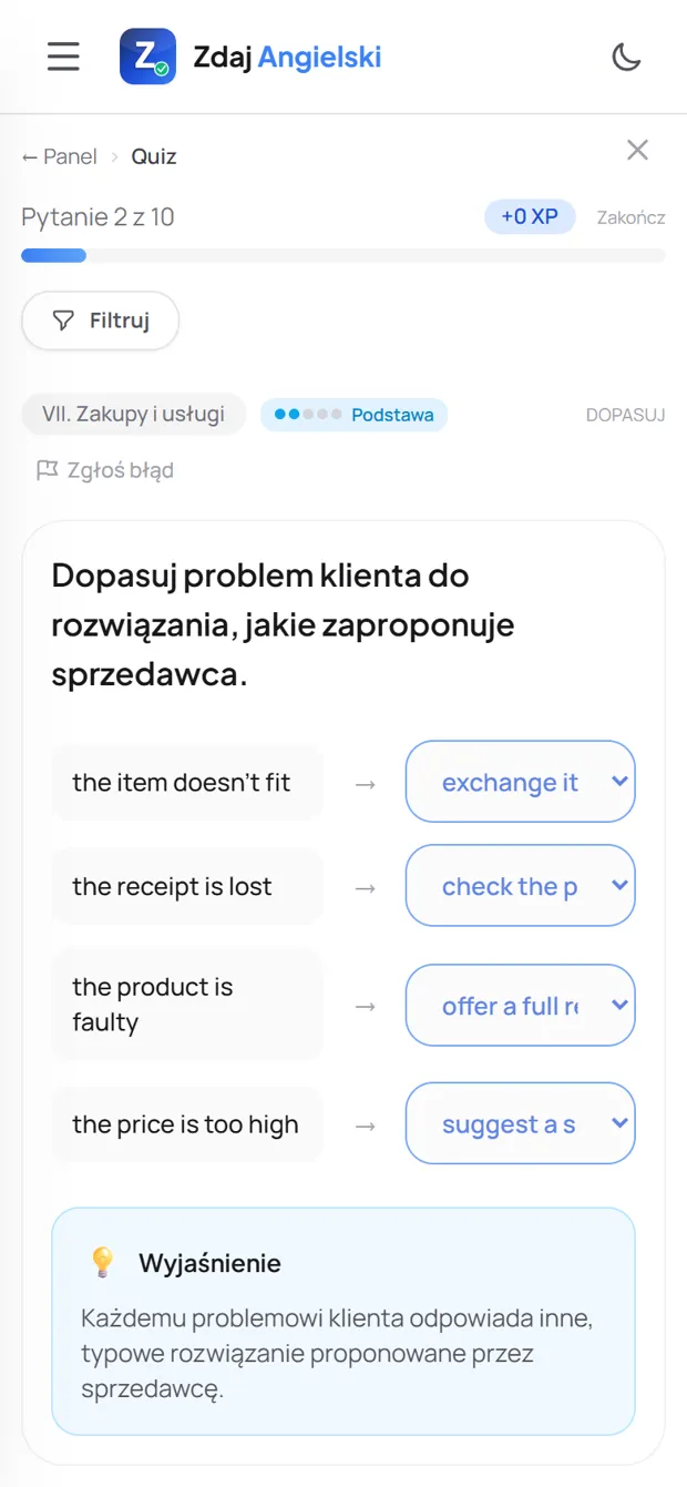 Poprawna odpowiedź z wyjaśnieniem — Zakupy i usługi