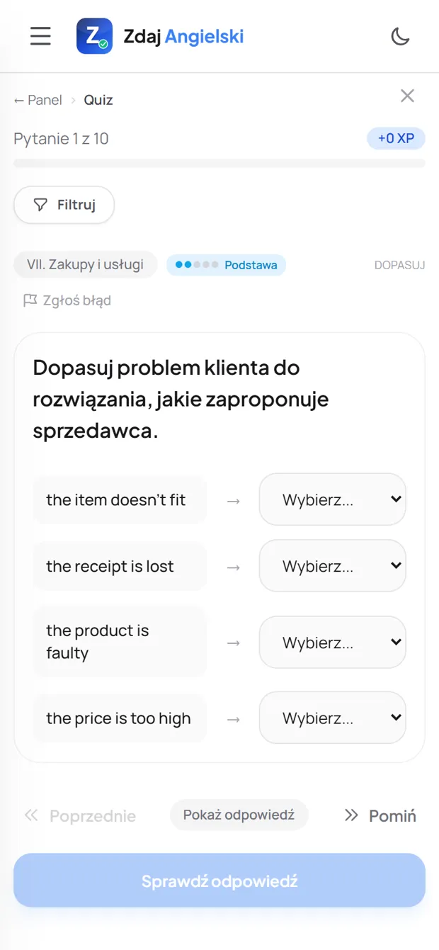 Zadanie z działu Zakupy i usługi w Zdaj Angielski