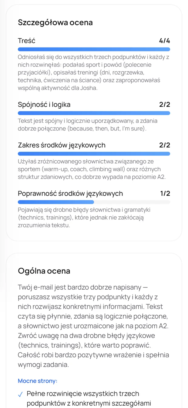 Punkty za cztery kryteria CKE: treść 4/4, spójność 2/2, zakres 2/2, poprawność 1/2