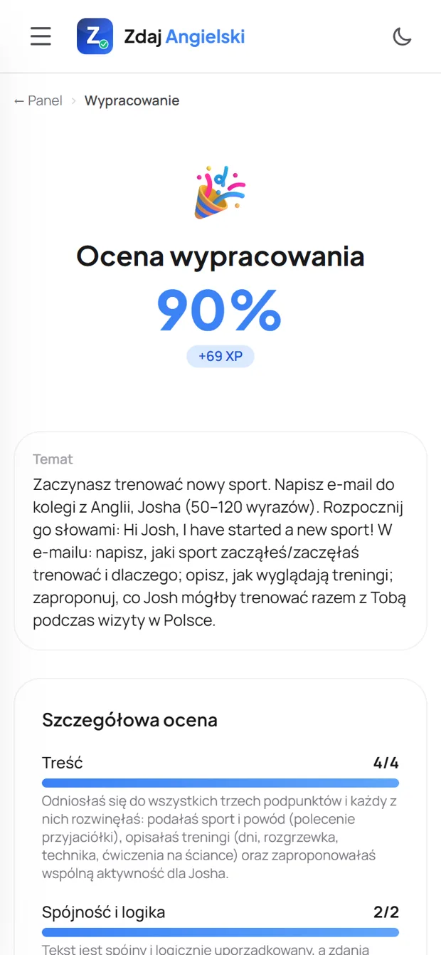 Wynik e-maila w Zdaj Angielski: 90% i temat zadania