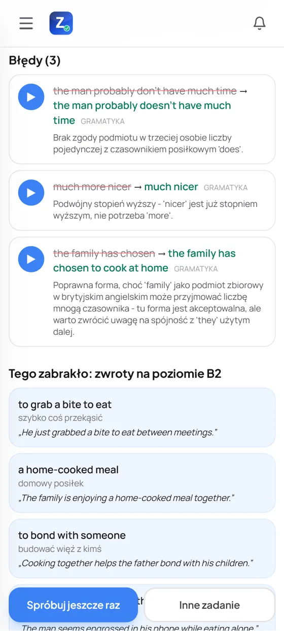 Lista błędów z przyciskami odsłuchu: niepoprawny fragment przekreślony, obok poprawna wersja i wyjaśnienie