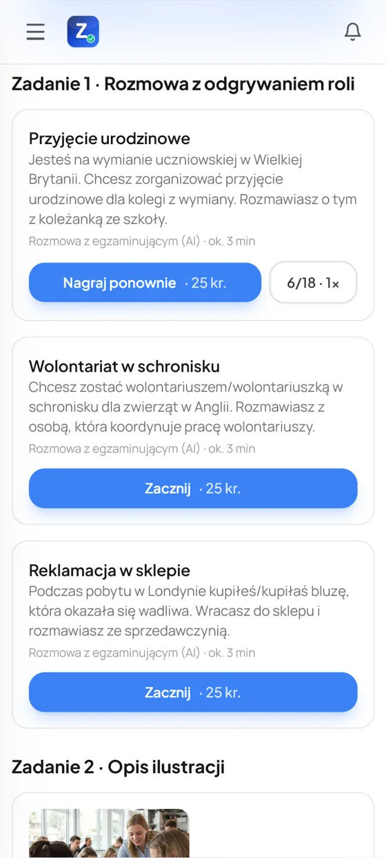 Matura ustna: zadanie 1, rozmowa z odgrywaniem roli, lista zestawów