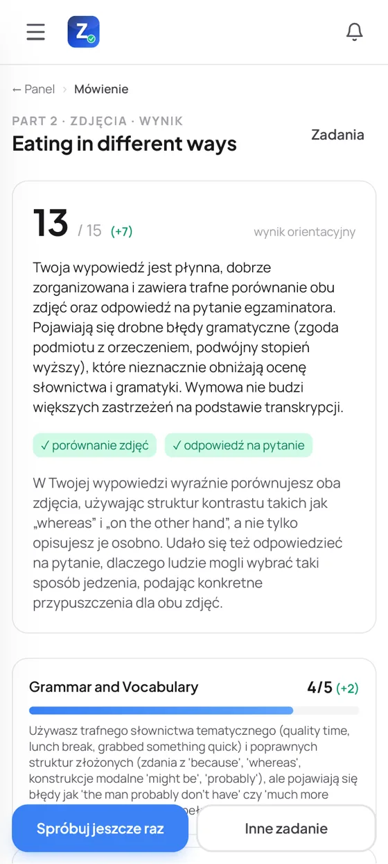 Wynik wypowiedzi: 13 na 15 punktów, komentarz i potwierdzenie porównania zdjęć oraz odpowiedzi na pytanie
