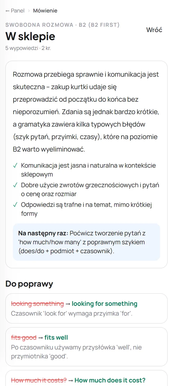 Raport z rozmowy po angielsku: ocena po polsku, mocne strony i wskazówka na następny raz