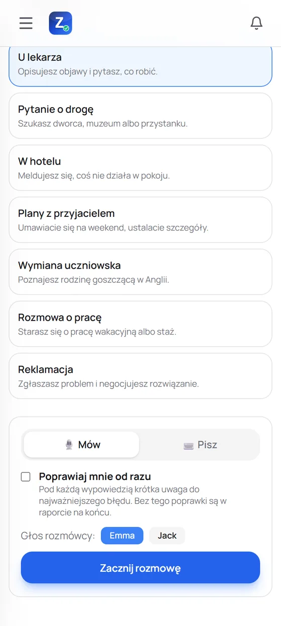Wybór sytuacji do rozmowy: sklep, lekarz, droga, hotel, plany z przyjacielem, wymiana, rozmowa o pracę