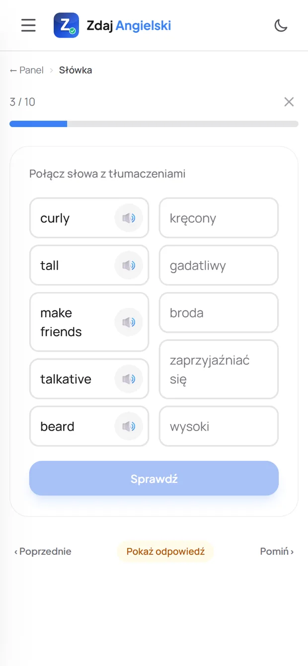 Trenażer Słówka: łączenie słów z tłumaczeniami w pary