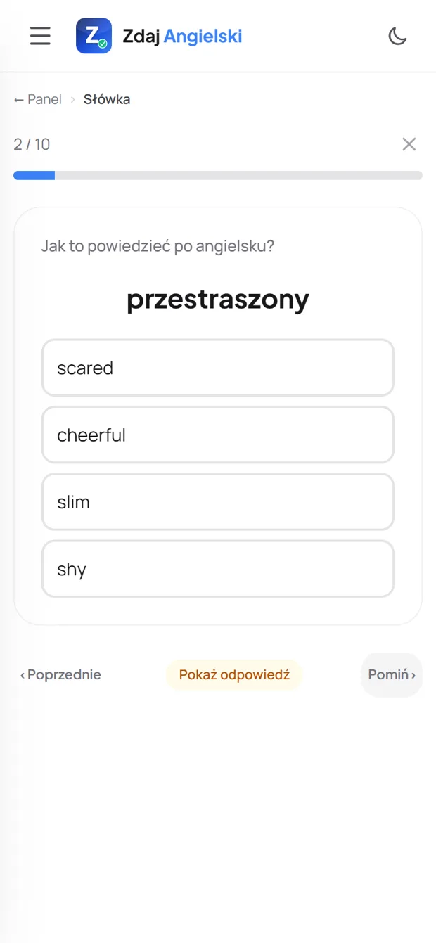 Trenażer Słówka: polskie słowo, wybierasz angielskie