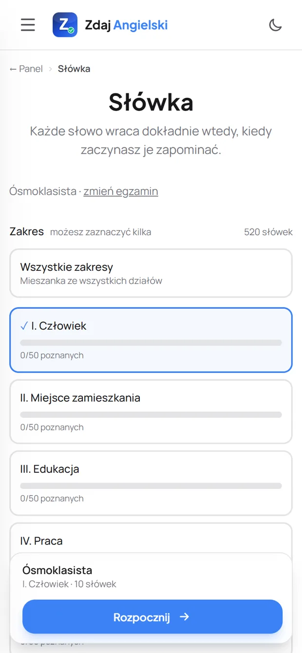 Trenażer Słówka: wybrany dział i start sesji 10 słówek