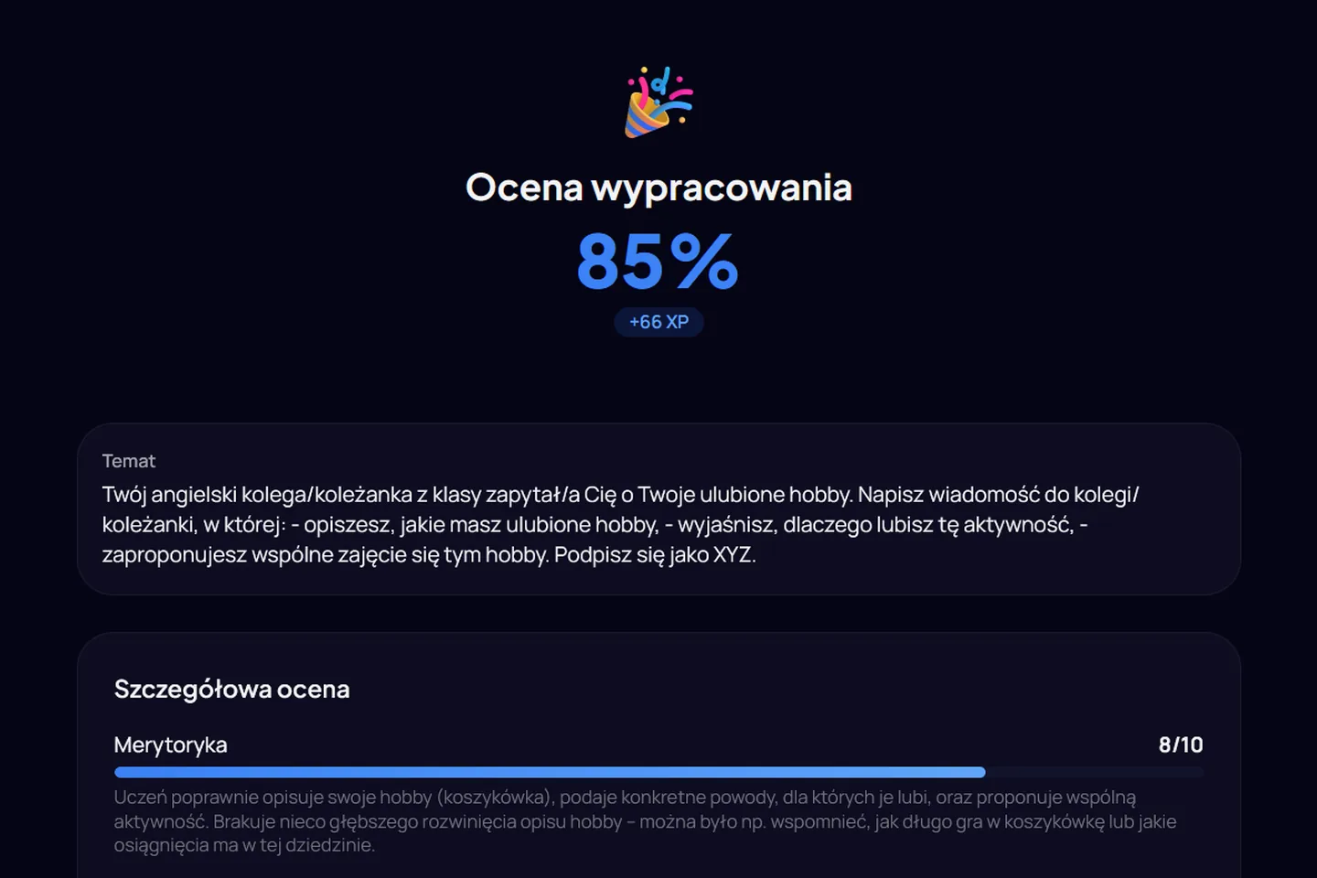 Ocena wypowiedzi pisemnej: wynik 85%, temat zadania i punktacja w kryteriach CKE z komentarzem