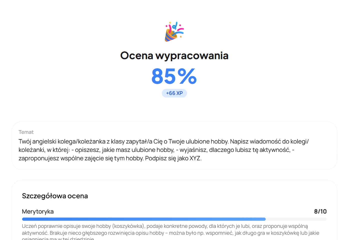 Ocena wypowiedzi pisemnej: wynik 85%, temat zadania i punktacja w kryteriach CKE z komentarzem