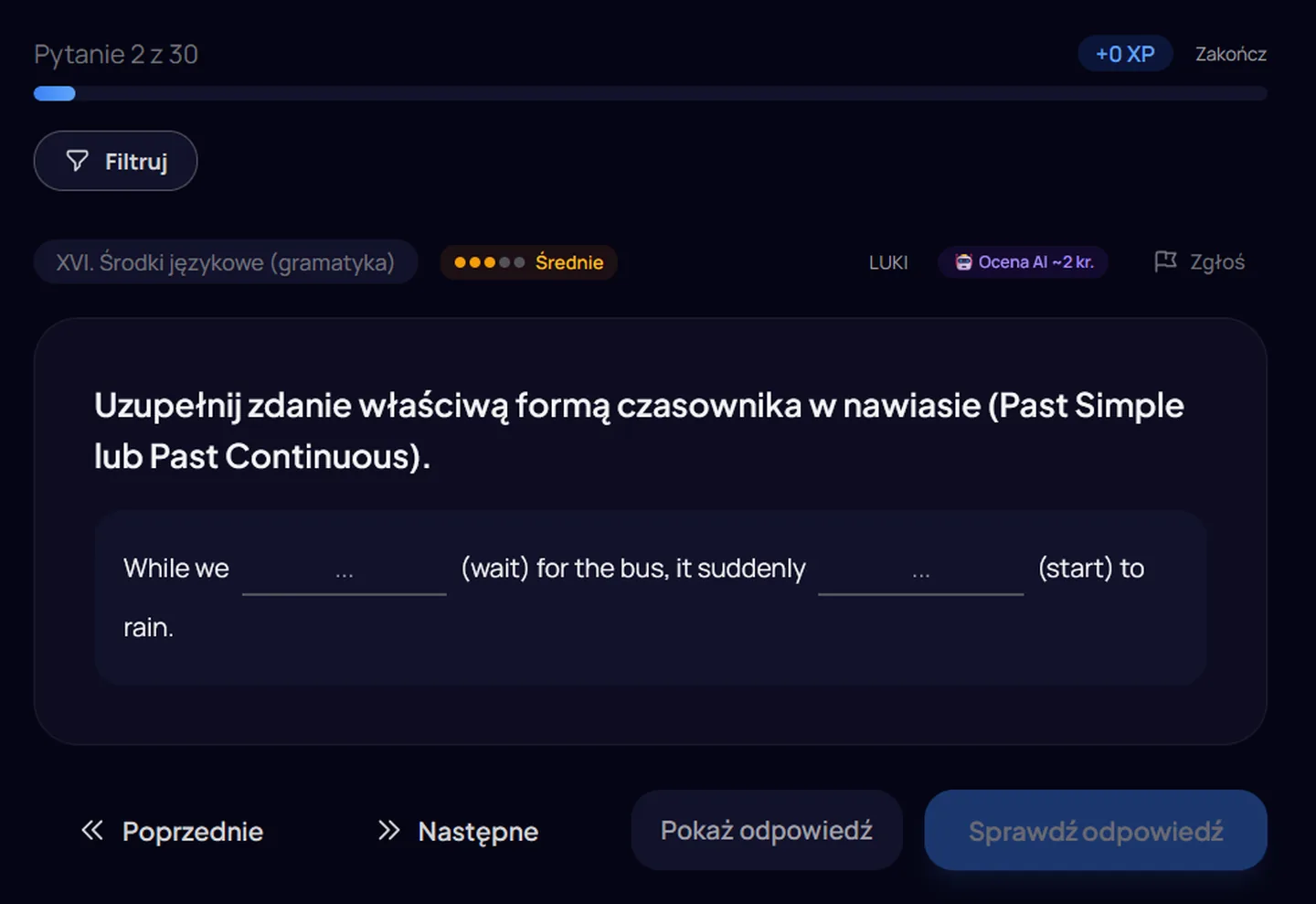 Ćwiczenie z angielskiego: uzupełnianie luk czasownikiem w Past Simple lub Past Continuous