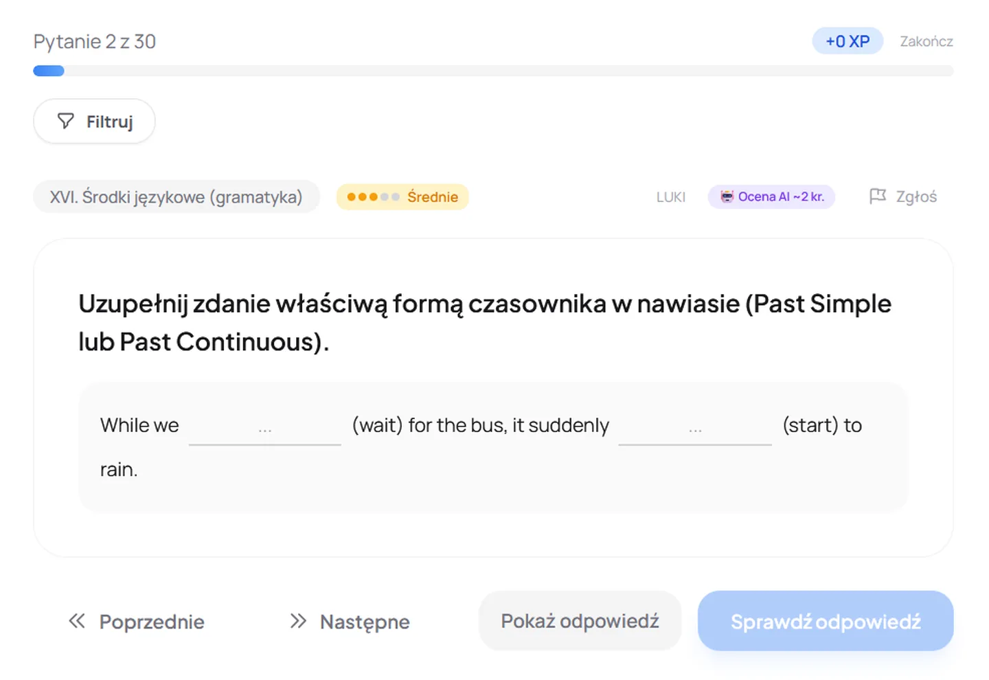 Ćwiczenie z angielskiego: uzupełnianie luk czasownikiem w Past Simple lub Past Continuous